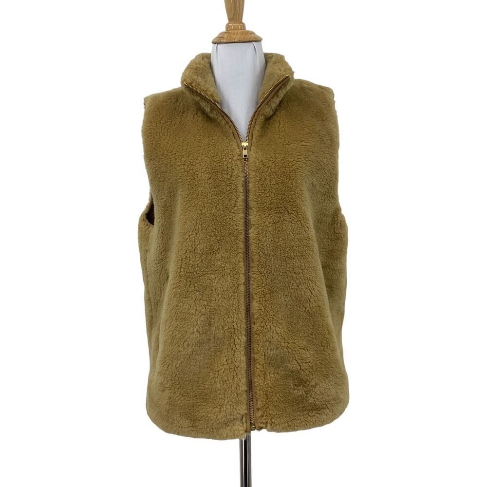 J Crew Vest Womens M Medium Tan Plush Fleece Excursion Zip Up Pockets Faux Fur